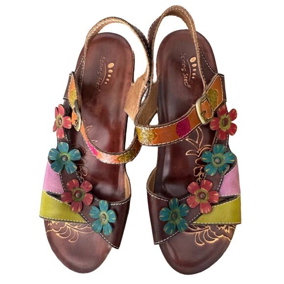 EUC Spring Step Belladonna Colorful Leather Flower Wedge Sandals, EU39, US 8.5 - Picture 1 of 7